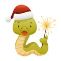 Cute green snake Christmas hat with sparkler. Funny wild reptile baby animal cartoon vector illustration