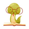 Cute green snake in glasses reading book. Funny wild reptile baby animal cartoon vector illustration