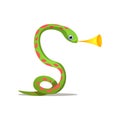 Cute green snake with red dots play at trumpet