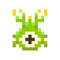 Cute green space invader monster, game enemy in pixel art style on white