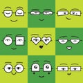 Green square stickers emoticons smile faces icons set with different sunglasses