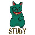 Cute green study lucky cat vector. Hand drawn Asian cultural symbol clipart.