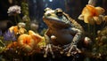 A cute green toad sitting underwater, looking at the wet plant generated by AI Royalty Free Stock Photo