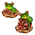 Cute green tree frog with a red tongue stole a precious stones rubies isolated on white background. Vector cartoon close