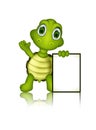 Cute green turtle cartoon with blank sign