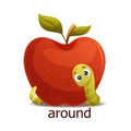Cute Green Worm Around Red Apple as English Preposition Word Vector Illustration