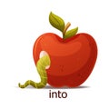 Cute Green Worm Creeping Into Hole in Red Apple as English Preposition Word Vector Illustration