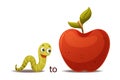 Cute Green Worm Creeping To Red Apple as English Preposition Word Vector Illustration