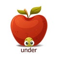 Cute Green Worm Sitting Under Red Apple as English Preposition Word Vector Illustration