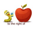 Cute Green Worm to the Right of Red Apple Taking Selfie with Smartphone as English Preposition Word Vector Illustration