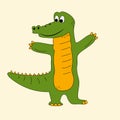 Cute green and yellow crocodile cartoon black outline. Hand drawn alligator mascot for kids design illustration