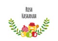 Cute greeting banner background with symbols of Jewish New Year holiday Rosh Hashana, Shana Tova