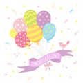 Cute greeting card in pastel colors with balloons, bird, ribbon, confetti Royalty Free Stock Photo