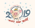 Cute greeting card with a pretty pig in the circle of numbers 2019. Royalty Free Stock Photo