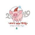 Cute greeting card with a pretty pig in the circle of numbers 2019. Royalty Free Stock Photo