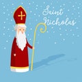 Cute greeting card with Saint Nicholas with mitre and pastoral staff. European winter tradition. Hand drawn design Royalty Free Stock Photo
