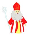 Cute greeting card with Saint Nicholas with mitre, pastoral staff and falling snow. European winter tradition. Hand