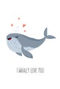 Cute Greeting Cards For Valentine S Day With Whale In Kawaii Style. Vector Illustration