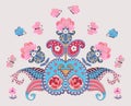 Cute greeting or invitation card with paisley ornament, gentle pink flowers and butterflies in ethnic style. Indian, thai motives