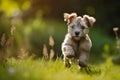 Cute grey brown fluffy puppy dog running freely in lush green grass on a sunny summer day Royalty Free Stock Photo