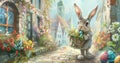 A cute grey Bunny carries a basket of Easter eggs along a flower-decorated city street.
