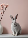 Cute grey bunny sitting near the vase with a branch of spring magnolia flowers. Elegant Easter greeting card. Generative AI