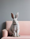 Cute grey bunny sitting on a pink sofa. Elegant Easter greeting card or poster. Muted pastel pink tones. Generative AI