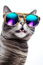 Cute grey cat in blue large round sunglasses, on white background