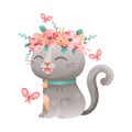 Cute Grey Cat with Flower Wreath on Its Head Sitting with Flying Butterfly Vector Illustration Royalty Free Stock Photo