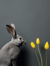 Cute grey Easter bunny with three yellow spring tulips on dark grey background with copy space. Funny pet rabbit. Generative AI Royalty Free Stock Photo