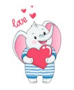 Cute grey elephant with heart. Children illustration