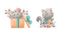 Cute grey kitten sitting inside gift box and playing with flowers set. Lovey playing cat animal cartoon vector Royalty Free Stock Photo