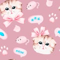 Cute grey kittens. Seamless pattern. Watercolor illustration. Isolated on a pink background. Royalty Free Stock Photo