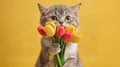 Cute grey kitty holding bright bouquet of tulips. Flower red and yellow colors contrast beautifully cat soft grey fur and yellow