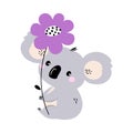 Cute Grey Koala Animal Holding Purple Flower on Stalk with Paws Vector Illustration Royalty Free Stock Photo