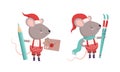 Cute Grey Mouse in Christmas Santa Hat Holding Envelope with Pencil and Ski Vector Set Royalty Free Stock Photo