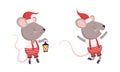 Cute Grey Mouse in Christmas Santa Hat Jumping with Joy and Carrying Lantern Vector Set Royalty Free Stock Photo