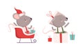 Cute Grey Mouse in Christmas Santa Hat Jumping Out of Gift Box and Riding Sledge Vector Set Royalty Free Stock Photo