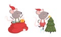 Cute Grey Mouse in Christmas Santa Hat Jumping Out of Sack with Gifts and Decorating Fir Tree Vector Set Royalty Free Stock Photo