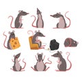 Cute grey mouse set, funny rodent character in different situations vector Illustrations Royalty Free Stock Photo