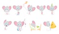 Cute grey mouse set. Mouses eats, fishing, run, sleeping, rides a bicycle, kite, with a big slice of cheese, in a fun Royalty Free Stock Photo