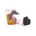 Cute grey mouse sitting on armchair and watching tv, funny rodent character vector Illustration on a white background Royalty Free Stock Photo