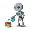 Cute Grey Robot Watering Stack of Books Pixel Art Illustration Royalty Free Stock Photo