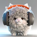 Cute grey sheep with fluffy paws wearing a headphones 3D illustration