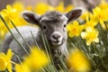 Cute grey small lamb in daffodil blossom field. Generate ai