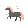 Cute grey spotted unicorn with black mane in cartoon style. Vector flat illustration