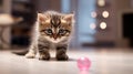 Cute grey tabby kitten playing with a pink ball on the floor. Playful cat in the house. Pet indoors. AI Generated Royalty Free Stock Photo