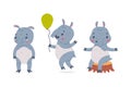Cute Grey Tapir Animal with Proboscis with Balloon, Crying and Sitting on Tree Stump Vector Set