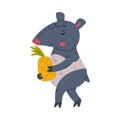 Cute Grey Tapir Animal with Proboscis Carrying Pineapple Fruit Vector Illustration