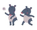 Cute Grey Tapir Animal with Proboscis Running and Greeting Vector Set